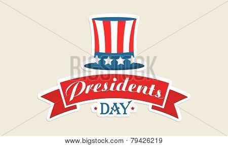 American Presidents Day celebration sticker or label with hat in national flag colors on beige background.