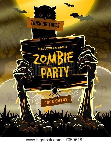 Halloween vector illustration - Dead Man's arms from the ground with invitation to zombie party