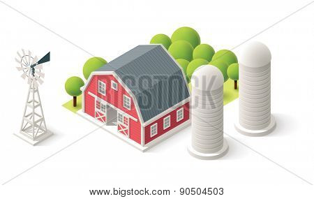 Isometric icons representing barn, windmill and silos