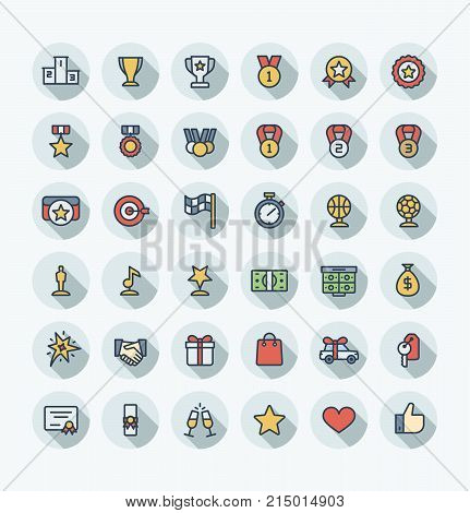 Vector flat thin line icons set, graphic design elements. Illustration with award, achievement symbols. Medal, sport trophy, first place prize, victory gift, cinema, music statuette color pictogram