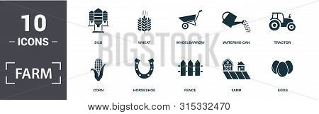 Farm Icon Set. Contain Filled Flat Tractor, Wheat, Silo, Wheelbarrow, Corn, Watering Can, Eggs, Hors