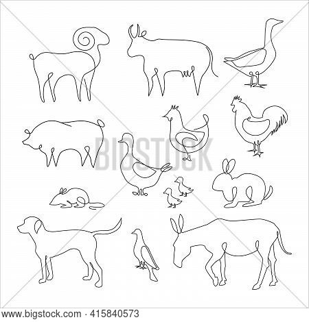 One Line Animals Set. Farm Animals One Line Hand Drawing, Vector Illustration. Line Drawing Of Cow, 