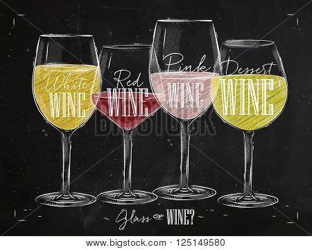 Poster wine types with four main types of wine lettering white wine red wine pink wine dessert wine drawing with chalk in vintage style on chalkboard.