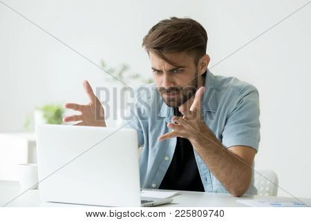 Frustrated Angry Entrepreneur Outraged By Laptop Problem, Furious Mad Man Using Computer Looking At 