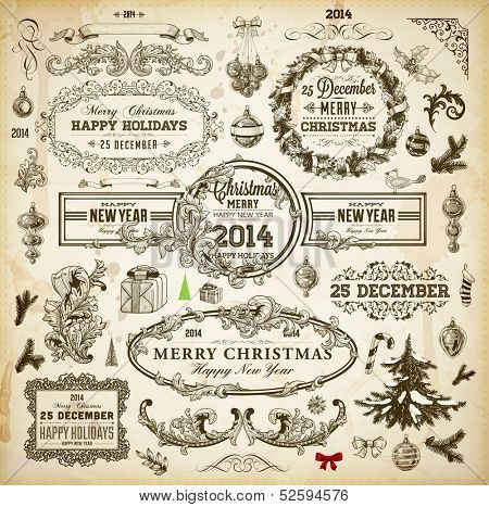 Christmas decoration collection | Set of calligraphic and typographic elements, frames, vintage labels. Ribbons, borders, wreath and Christmas tree, bird and engraving Xmas baubles. Holiday Vector.