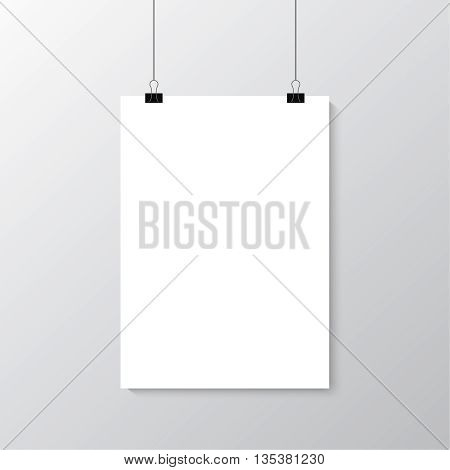 Image vector white poster hanging on binder. Grey wall with mock up empty paper blank. Layout mockup. Vertical template sheet.