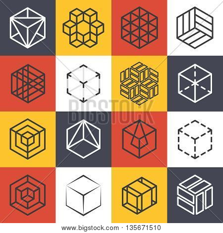 Architecture and interior studios or construction company line logo templates with 3D isometric cubes. Logo company cube,  symbol cube company, line cube emblem, isometric cube vector illustration