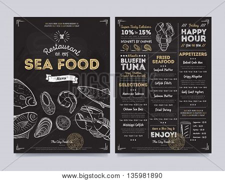 Seafood restaurant menu design on chalkboard. Seafood cafe menu. Seafood food menu template. Seafood restaurant flyer. Seafood cafe flyer. Hand drawings Seafood food elements on chalkboard. Vintage menu on chalkboard. Seafood menu card.