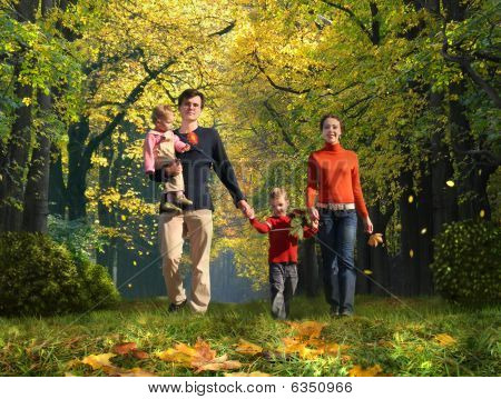 Walking Family With Two Children In Autumnal Park Collage