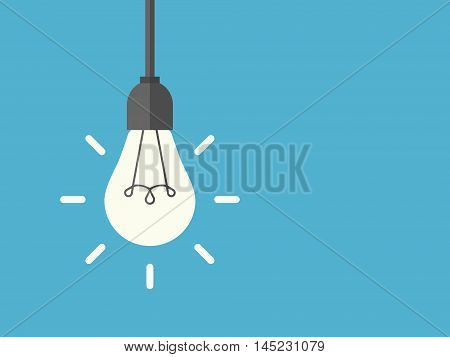 Bright shining lightbulb with rays hanging on wire blue background. Energy idea and insight concept. Flat design. Vector illustration. EPS 8 no transparency