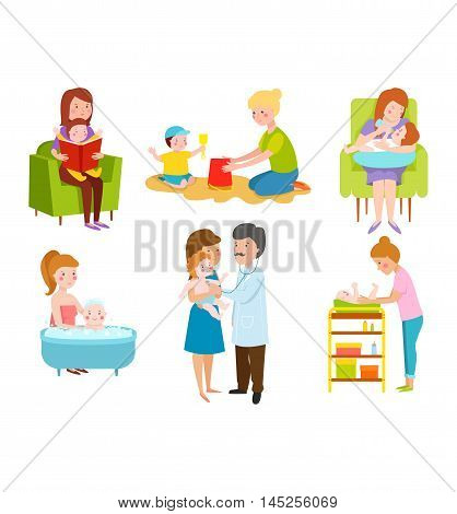 Young mother vector characters and young mother happy parent. Young mother vector set. Togetherness newborn face young mother lifestyle cheerful motherhood. Young family portrait