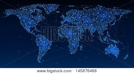 Global Telecommunications World Network on Map Abstract illustration of global social communication polygonal map with hot points network connection. Contains transparency