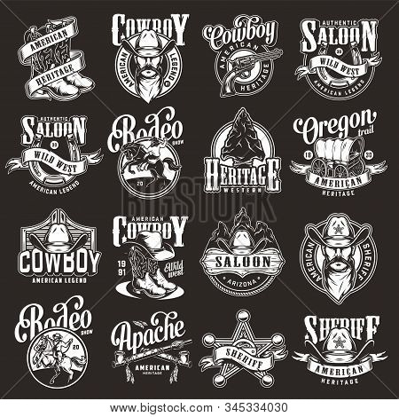 Vintage Wild West Labels Set With Cowboy Boots Hat Sheriff Badge Star Gun Horseshoe Flint Arrowhead 