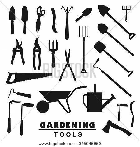 Garden And Farming Tools Silhouette Icons, Rake And Farm Fork, Gardener Equipment. Vector Soil Culti