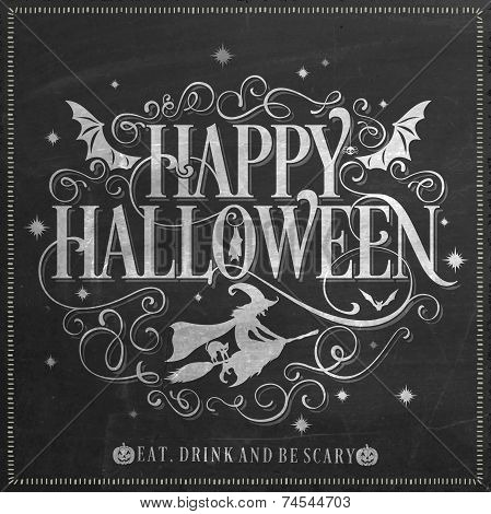 Vintage Happy Halloween Background On Chalkboard