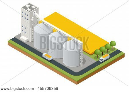 Isometric Grain Elevator Silos. Transrportation Of Agricultural Products. Corn Dryer Silos, Inland G