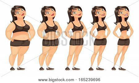 Stages of weight loss of a young woman from fat to slim. Gradual development. Funny cartoon character. Vector illustration. Isolated on white background. Set