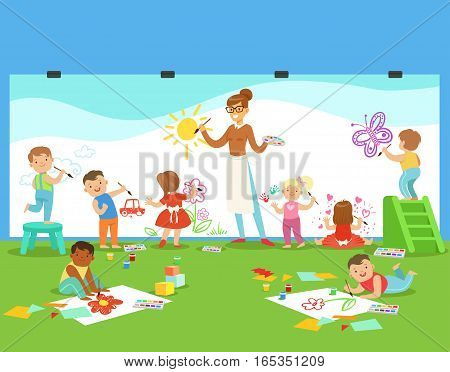 Young Children In Art Class Drawing And Painting With Teacher In A Nursery School. Little Boys And Girls In Preschool Class With Adult Person Teaching Them While Entertaining Vector Cartoon Illustration.