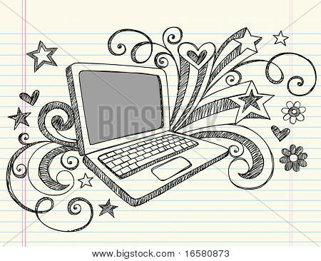 Hand-Drawn Business Laptop Computer Sketchy Notebook Doodles with Swirls, Hearts, and Stars- Vector Illustration Design Elements on Lined Sketchbook Paper Background