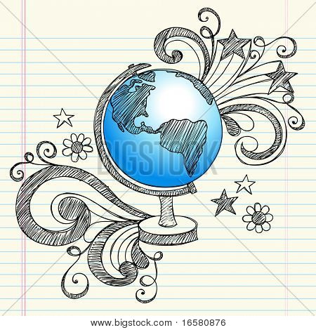 Hand-Drawn Back to School Geography Class Sketchy Notebook Doodles of a Planet Earth Globe with Swirls, Hearts, and Stars- Vector Illustration Design Elements on Lined Sketchbook Paper Background