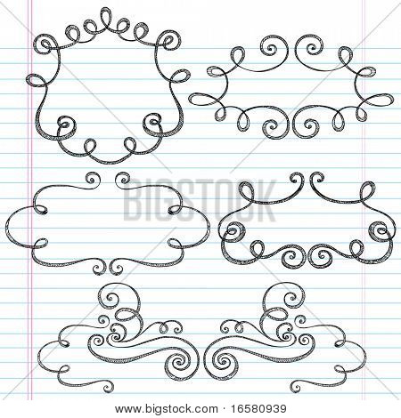 Hand-Drawn Sketchy Notebook Doodles Ornamental Borders with Swirls- Vector Illustration Design Elements on Lined Sketchbook Paper Background