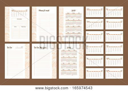 Set of Calendar 2017 Daily Planner Template with Pages 2017 and 2018 years. To Do List Paper A4 Format. Business Style Vector Illustration. Organizer and Schedule with Place for Notes and Checklists