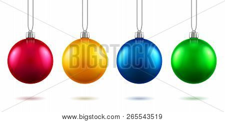 Set Of Isolated Realistic Fir Tree Toys Hanging On Rope. Baubles For 2019 New Year And Christmas Dec