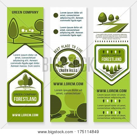 Green landscape design or urban eco building company vector banners. Park trees or forestland village and woodland alleys for city horticulture planting and gardening service