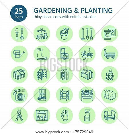 Gardening, planting and horticulture line icons. Garden equipment, organic seeds, fertilizer, greenhouse, pruners, watering can and other tools. Vegetables, flower cultivation linear signs.