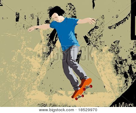 Skateboarder หนุ่มกระโดด ภาพเวกเตอร์ ด้วยพื้นหลัง grunge