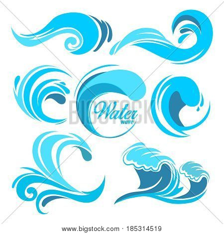 Water splashes and ocean waves. Vector graphic symbols for logo design. Wave water sea swirl, collection of nature, water wave illustration