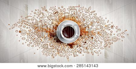 Coffee Concept On Wooden Background - White Coffee Cup, Top View With Doodle Illustration About Coff