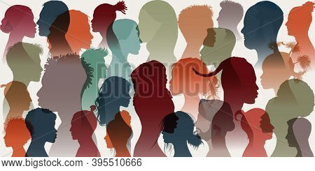 Crowd. Silhouette Profile Group Of Men Women Girl Of Diverse Cultures. Diversity Multi-ethnic People