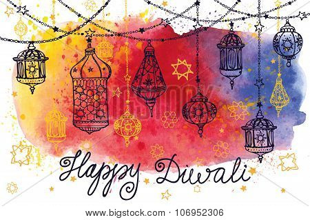 Happy Diwali hanging lamps and Watercolor splash