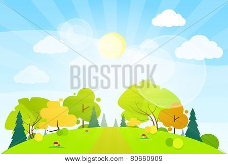 summer landscape mountain forest road blue cloud sky