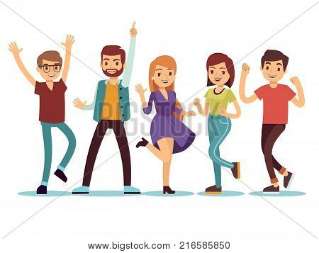 Happy smilling dancing young persons at christmas party. Cartoon vector people set. Young group people in dance party illustration