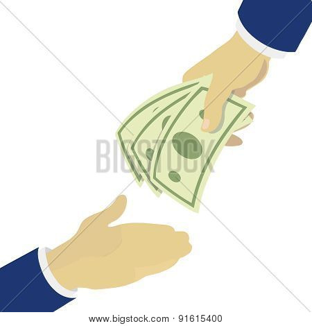 Creative illustration hand holding green banknotes, giving to other hand.