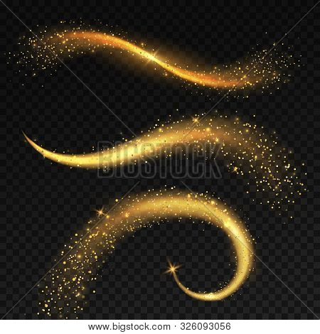 Golden Light Tails. Magic Fairy Stardust With Yellow Sparkles, Christmas Shiny Star Light. Glitterin