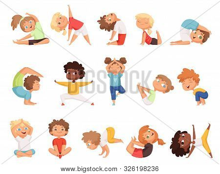 Yoga Kids. Children Making Exercises In Different Poses Healthy Sport Vector Cartoon Characters. Yog