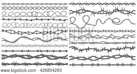 Razor Wire Silhouettes. Barbed Wire Metallic Border Elements, Sharply Barb Wire Fencing Vector Symbo