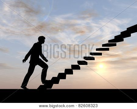 Concept conceptual 3D male businessman on stair or steps over sunset sky background, metaphor to success, climb, business, rise, achievement, growth, job, career, leadership, education, goal or future