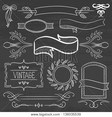 Set of vintage labels, ribbons, frames, banners, logo and advertisements. Hand drawn in chalk on a blackboard vector sketch illustration.