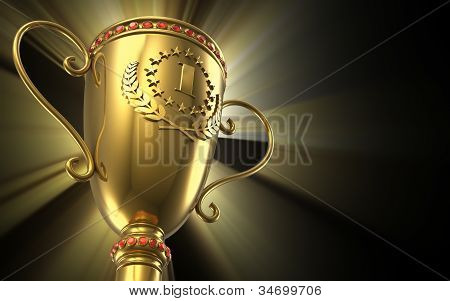 Golden glowing trophy cup on black background