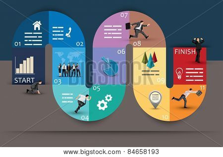 Creative Graphic Design of Conceptual Curvy Business Diagram, Emphasizing Phases or Stages, on Brown and Blue Background.