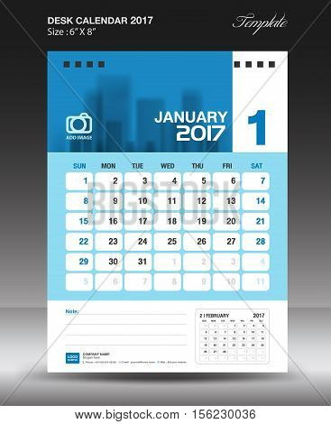 January Desk calendar 2017, Blue Calendar 2017, vertical calendar 2017 size 6 x 8 inch vector template