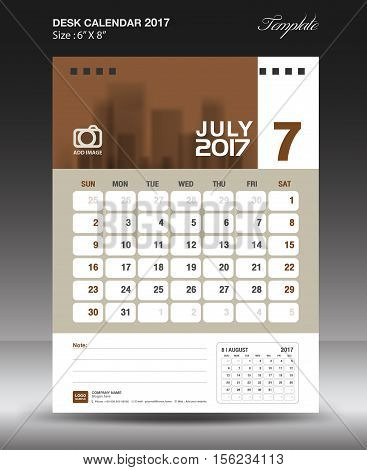 July Desk calendar 2017, Brown Calendar 2017,  vertical calendar 2017 size 6 x 8 inch vector template