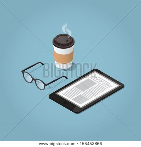 Isometric vector morning digital morning newspaper concept illustration. Tablet with a daily news website glasses for reading and hot morning coffee. Modern business lifestyle.