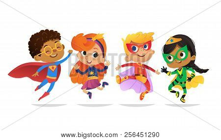 Multiracial Boys And Girls, Wearing Colorful Costumes Of Superheroes, Happy Jump. Cartoon Vector Cha