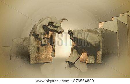 A Pencil Sketch And Watercolor Technique Of Two Gold Cast Statuettes Depicting A Stylized Bull And A