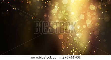 Gold Glittering Sparkle Stardust On Black Background With Bokeh Lights. Festive Golden Background Fo